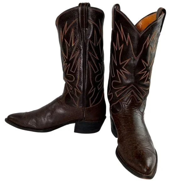 Tony Lama Cowboy Boots Brown Leather Mens 10.5 A Narrrow Width Vintage Western